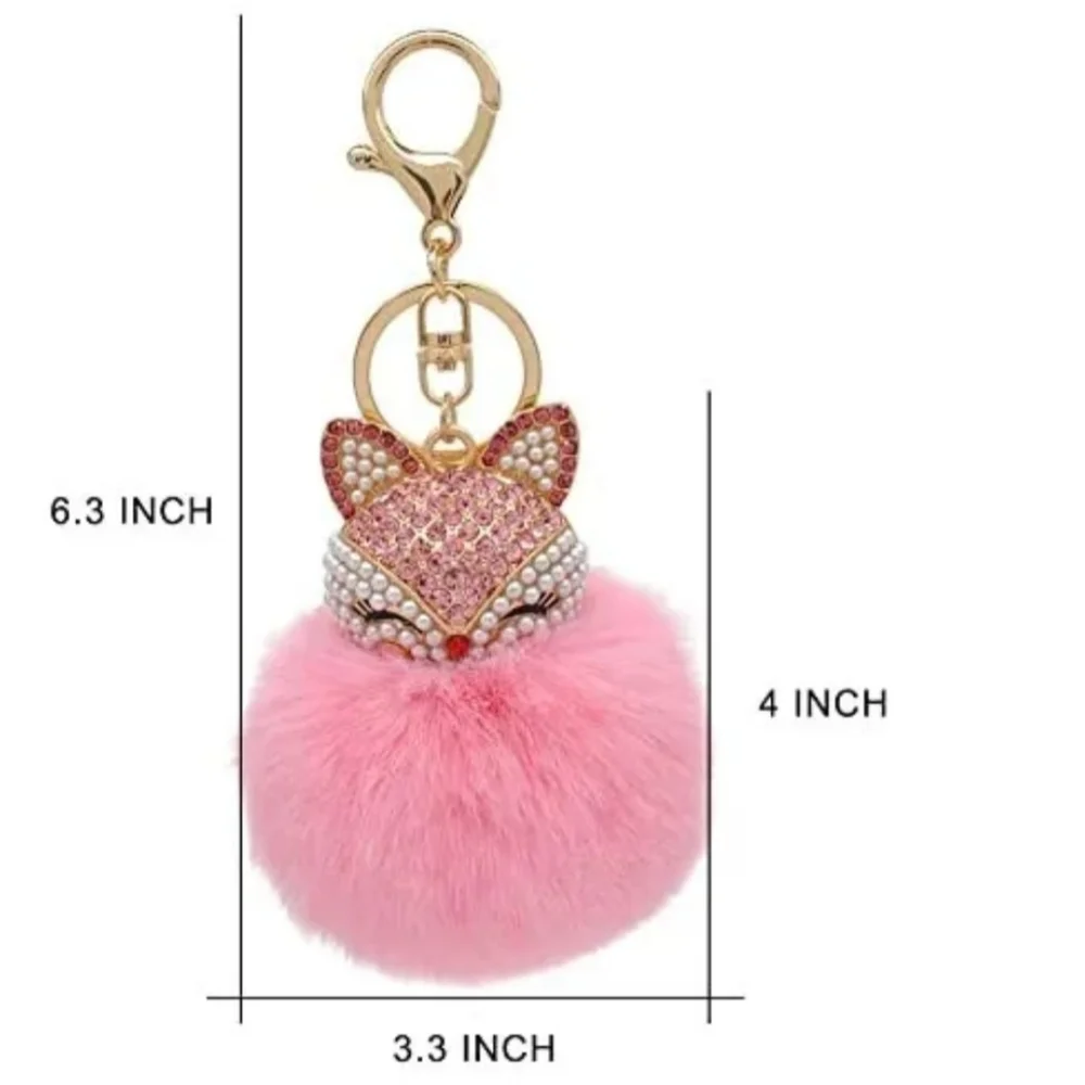 Pink Plush Pom Pom FOX Rhinestones Pearls Feminine Elegant Luxury Keychain Gift